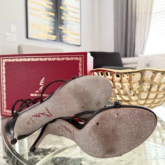 🤩✨RENE CAOVILLA Cleo Snake embellished sandal black leather rhinestone heels 9 - Picture 8 of 13